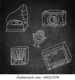 Vintage devices set. Hand drawn vector stock illustration. Chalk board drawing.