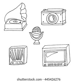 Vintage devices set. Hand drawn stock illustration. Black and white whiteboard drawing.
