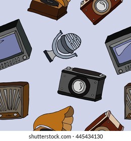 Vintage devices set. Hand drawn vector stock illustration. Seamless background pattern.