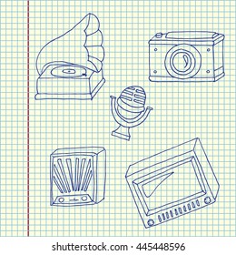 Vintage devices set. Hand drawn vector stock illustration. Sheet ball pen drawing.