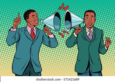 Vintage A Dialogue Between Two People, Campaigning Politics And Preaching. Pop Art Retro Illustration. African American Businessman