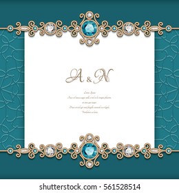 Vintage diamond jewelry background with swirly gold borders, vector announcement or wedding invitation card template, eps10