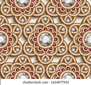 Vintage diamond jewelry pattern of gold flowers, elegant floral lace texture, jewellery golden seamless ornament on white, vector illustration