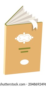 Vintage diary or book, journal or catalog with decorative cover and bookmark. Publication of encyclopedia for studying and classes. Literature document for bookworm readers. Vector in flat style