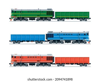 Vintage diesel locomotive and a gondola car in three color options. Side view