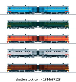 Vintage diesel locomotive. Side view. Illustration in different colors