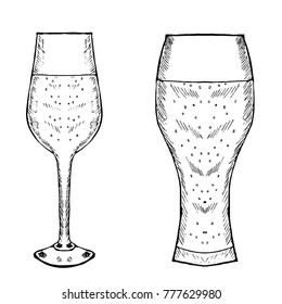 Vintage different glasses goblets and wineglasses, for beer, isolated. Illustration in old fashioned hand drawn  sketch style on white background.