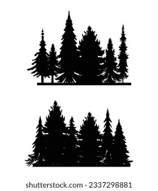Vintage different pine trees and forest silhouettes set isolated on white background vector illustration