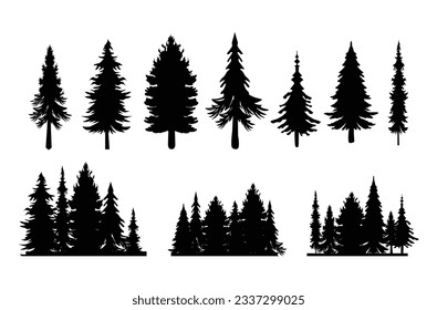 Vintage de diferentes pinos y siluetas de bosque aisladas en ilustración vectorial de fondo blanco