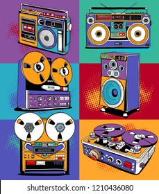 Vintage Different Recording Equipment In A Bright Pop Art Style. Audio Tape Cassettes, Portable Boombox, Radio, Player Recorder, Powered Speaker.  Poster, T-shirt Composition. Vector Illustration.