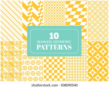 Vintage different vector seamless patterns. Endless texture for wallpaper, fill, web page background, surface texture. Set of monochrome geometric ornament. Yellow and white shabby colors.