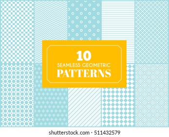 Vintage different vector seamless patterns. Endless texture for wallpaper, fill, web page background, surface texture. Set of monochrome geometric ornament. Blue and white shabby pastel colors.