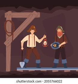 Vintage diggers of American gold rush period in underground mine, flat vector illustration. Gold diggers searching nuggets. Historical golden fever banner.