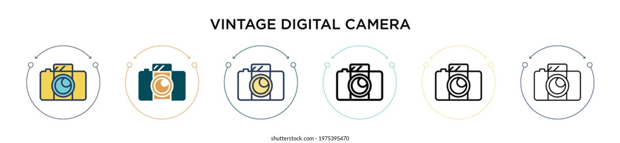 Vintage digital camera icon in filled, thin line, outline and stroke style. Vector illustration of two colored and black vintage digital camera vector icons designs can be used for mobile, ui, web