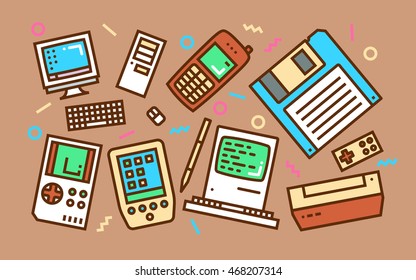 Vintage Digital Devices Concept Line Art Bright Colors Illustration. Contemporary Trendy Vector Icons.
