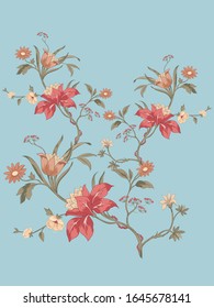 Vintage digital flowers design and leaves motif