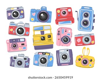 Vintage digital photo cameras doodle hand drawn photographer equipment set with cute childish design