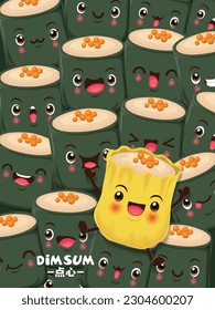 Vintage dim sum poster design. Chinese text means a Chinese dish of small steamed or fried savory dumplings containing various fillings, served as a snack or main course.