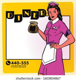 Vintage diner poster menu template. Retro waitress with coffee
