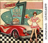 Vintage Diner poster in traditional American style with waitress on roller skates.