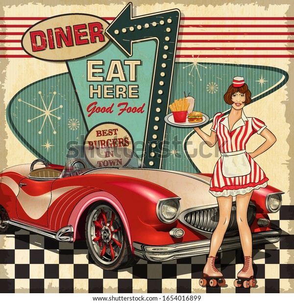 Vintage Diner poster in traditional American\
style with waitress on roller\
skates.