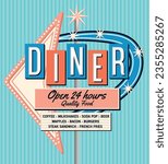 Vintage dinner restaurant road sign, stars and boards retro style vector illustration