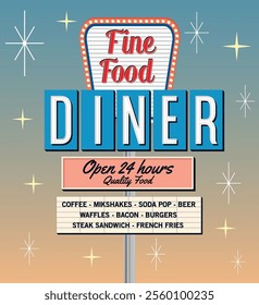 Vintage dinner restaurant road sign, stars and boards in retro style vector illustration