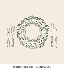 Vintage dinnerware set. Antique table setting. Top view of a plate, forks, and knives on the table. Hand-drawn vector outline illustration in green.