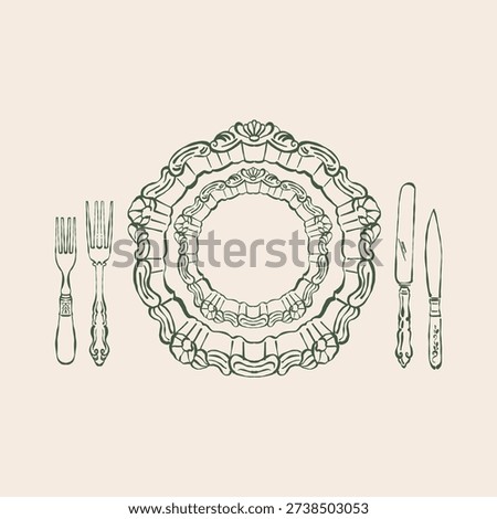 Vintage dinnerware set. Antique table setting. Top view of a plate, forks, and knives on the table. Hand-drawn vector outline illustration in green.