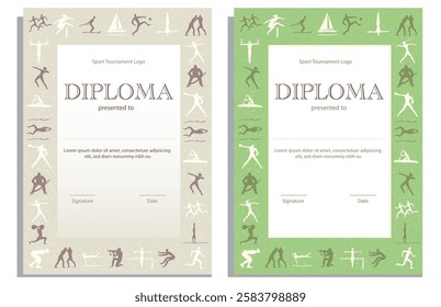 Vintage diploma or certificates of appreciation, tournament participation vector template. Sport club achievement border design with different kinds of sportsmen. School league competition award.