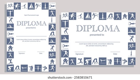 Vintage diploma or certificates of appreciation, tournament participation vector template. Sport club achievement border design with different kinds of sportsmen. School league competition award.