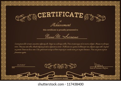 Vintage diploma on brown background with ornamental frame