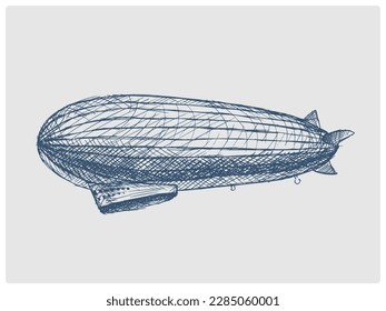 Vintage dirigible aircraft sketch obsolete blue style vector illustration. Old hand drawn azure engraving imitation.