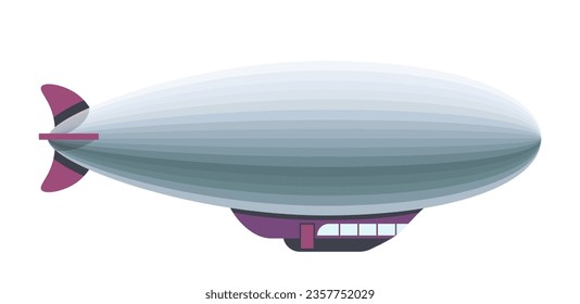 Vintage dirigible airship with rigid structure. Means and types of transportation, transport and ways of traveling and commuting in past. Old school device for trips making. Vector in flat style