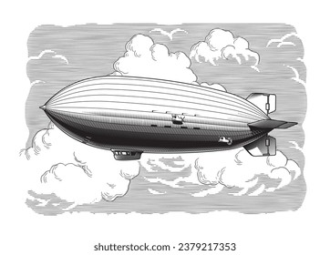 Vintage dirigible or zeppelin aircraft flying in the cloudy sky, engraving retro style black and white vector illustration.