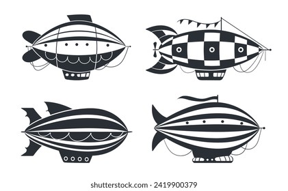 Vintage dirigibles silhouettes. Retro aircrafts, hot air airships flat vector illustration set. Flying transportations silhouettes on white