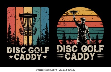 Diseño de golf de disco de Antiguas con un jugador de canasta y un telón de fondo forestal ''Disk Golf Caddy
''