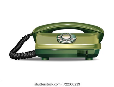 Vintage Disc Phone. Old green telephone 70-90's. Rotary dial telephone. Realistic vector illustration isolated on white background