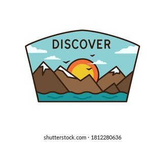 Vintage discover logo, adventure emblem design with mountains and river. Unusual line art retro style sticker. Stock vector