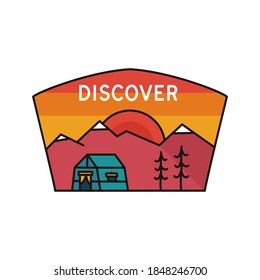 Vintage discover logo, adventure emblem design with mountains and river. Unusual line art retro style sticker. Unique colors. Stock vector art