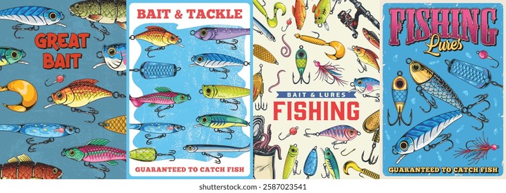 Vintage display cards showcase various colorful fishing lures and tackle. Each card features illustrations with text highlighting guaranteed effectiveness in catching fish.