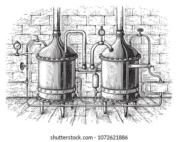 Vintage distillation apparatus sketch. Moonshining vector illustration distillation process