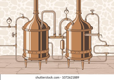 Vintage distillation apparatus sketch. Moonshining vector illustration distillation process