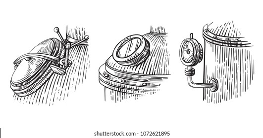 Vintage distillation apparatus sketch. Moonshining vector illustration distillation process