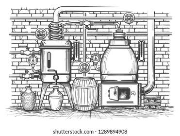 Vintage distillation equipment. Old sketch distil apparatus distilled whisky copper tank vintage metal moonshine, vector illustration