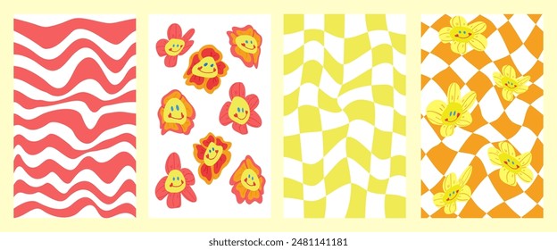 Vintage distorted positive backgrounds set with flowers from 2000s. Trippy twisted grid background in red and yellow colors. Vector vintage illustration