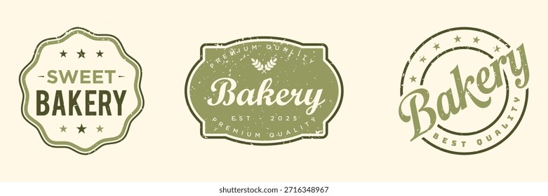 Vintage distressed bakery logo vector badges set featuring retro frames, script typography, and grunge textures, perfect for sweet shop branding, food labels, and premium quality seals.