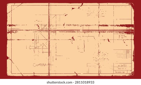 Vintage Distressed Blueprint Background. Old Architectural Technical Drawing Redprint with Grunge Texture, Rough Edges, and Engineering Plan Details.