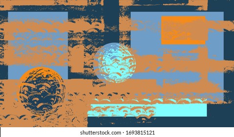 Vintage distressed template in geometric japanese modern grungy style. Abstract background with asian vector fish scales, waves pattern