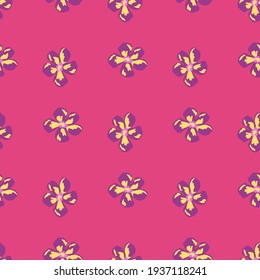 Vintage ditsy seamless bright pattern with hand drawn flower silhouettes. Bright pink background. Decorative backdrop for fabric design, textile print, wrapping, cover. Vector illustration.